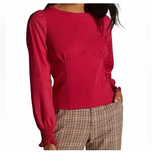 NWOT- Anthropologie Vibrant Pink Blouse with Smocked Sleeves